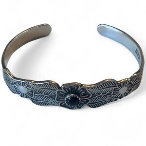 Mexican Sterling-Style Onyx Floral Silver Cuff Bracelet